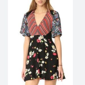 FREE PEOPLE Mix It Up Mini Dress Multi Color Floral/Black - Pockets! Fit&Flare 6